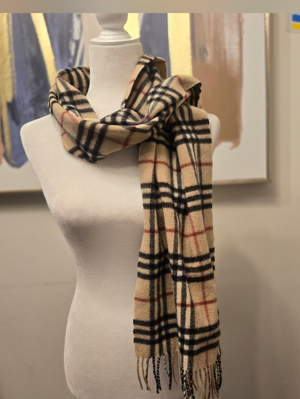 Bluberry Long Blue Denim Coat with Tan Plaid Scarf